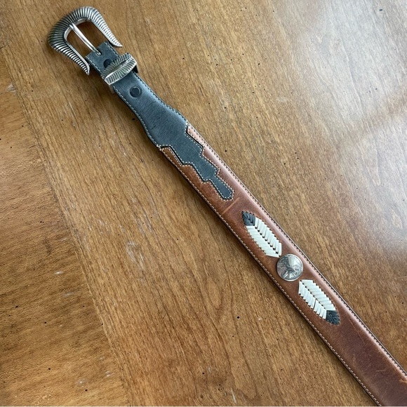 Vintage Buffalo & Indian Head Coin Concho Western Gray & Brown Leather Belt 34" - Picture 9 of 14